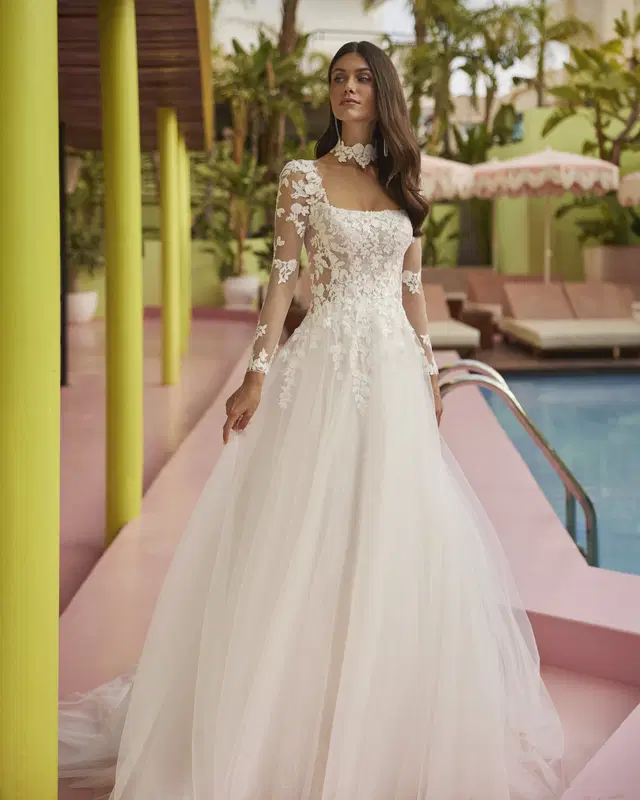 Jet by Luna Novias: A-Line silhouette, square neckline, separate sleeves, lace