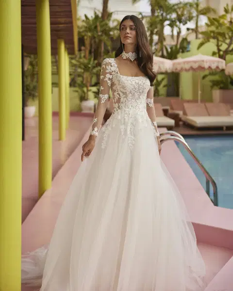 Jet wedding dress by Luna Novias, A-line, lace