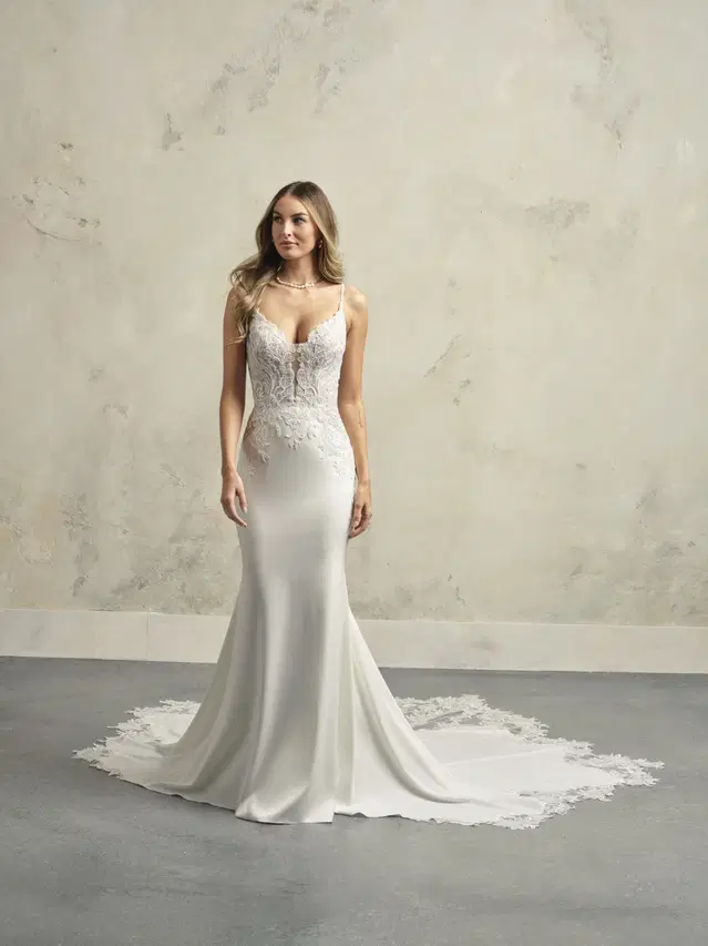 Anastasia by Maggie Sottero: Mermaid silhouette, deep V-neck neckline, separate sleeves, crepe
