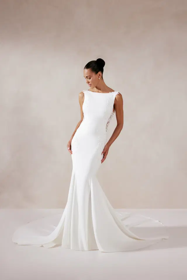 Lanie by Adore: Fit & Flare silhouette, boat neck neckline, crepe