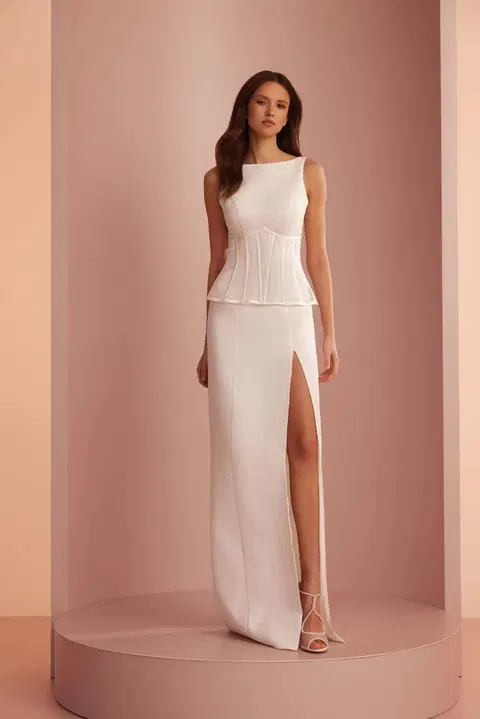 Style L423 wedding dress by Ariamo Light, straight, satin
