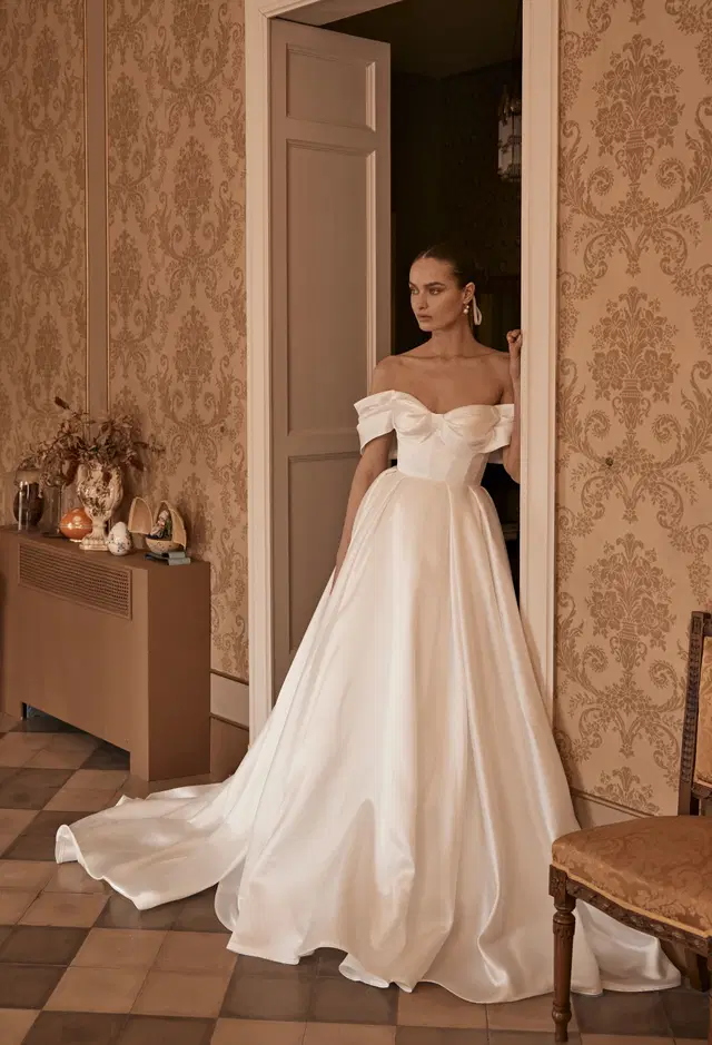 Faustina 25-014 by Ricca Sposa Atelier: Ball Gown silhouette, sweetheart neckline, short sleeves, mikado