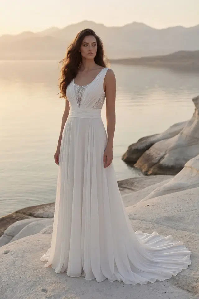8401 by Monica Loretti: A-Line silhouette, long sleeves, chiffon
