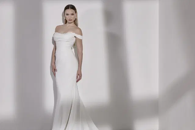 Sienna by Avenue by Josephine Scott: Mermaid silhouette, off-shoulder neckline, sleeveless, crepe