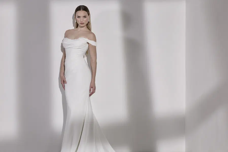 Sienna by Avenue by Josephine Scott: Mermaid silhouette, off-shoulder neckline, sleeveless, crepe