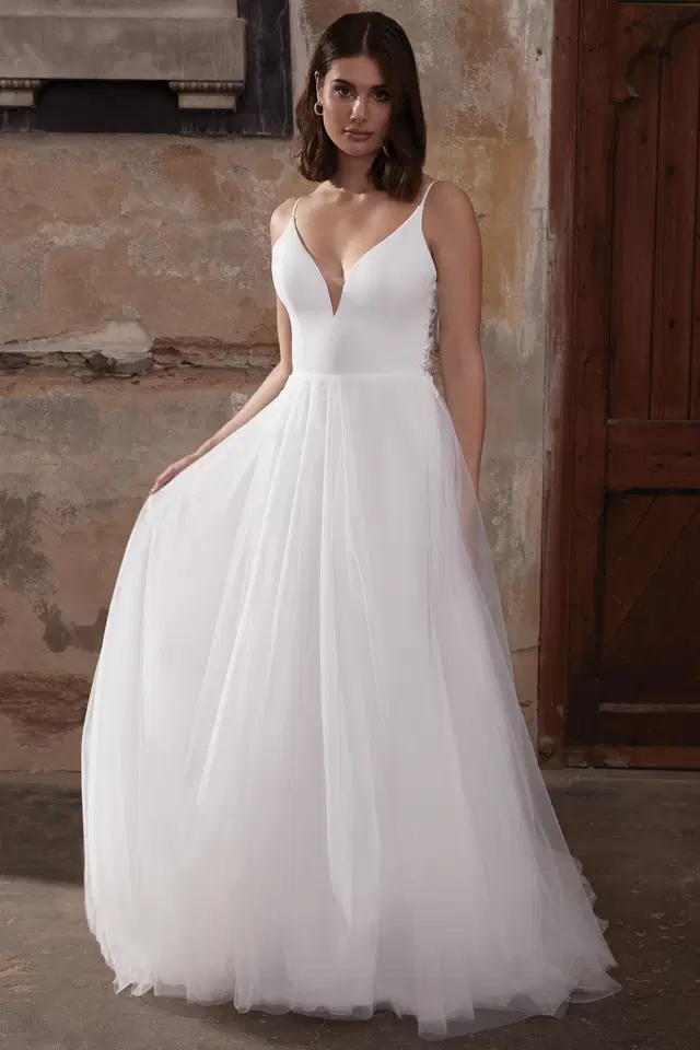 Austin by MWL Bride: A-Line silhouette, deep V-neck neckline, sleeveless, tulle