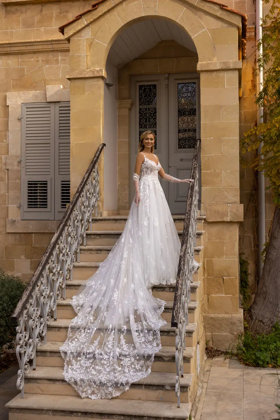 8294 by Monica Loretti: A-Line silhouette, sweetheart neckline, lace