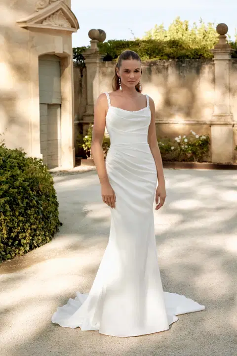 Style 44584 wedding dress by Sincerity Bridal, trumpet, satin