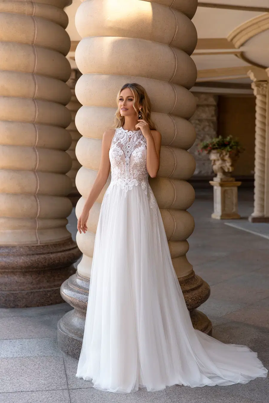 1033 by Angela Bianca: A-Line silhouette, jewel neckline, sleeveless, lace