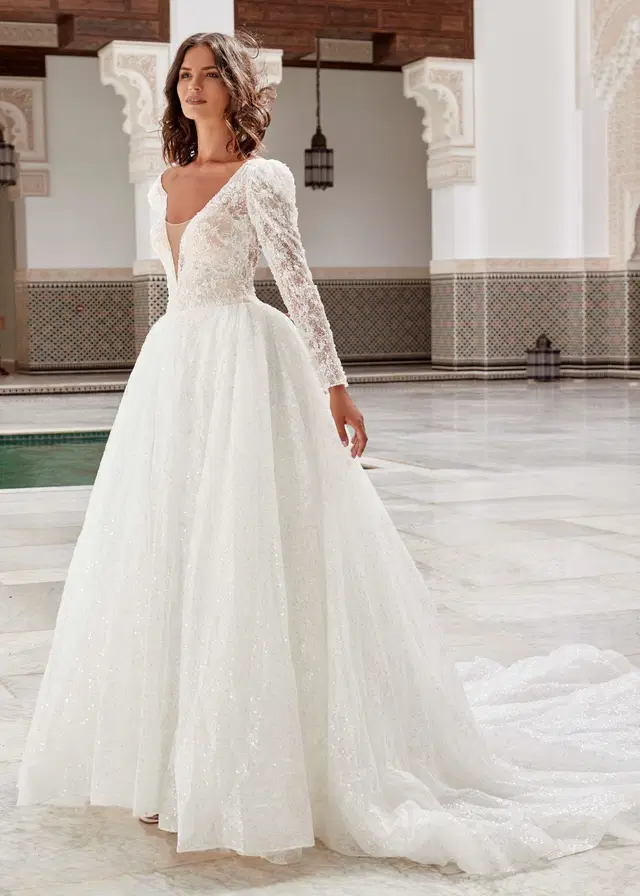 HIGH SOCIETY by Dando London: Ball Gown silhouette, V-neck neckline, long sleeves, lace
