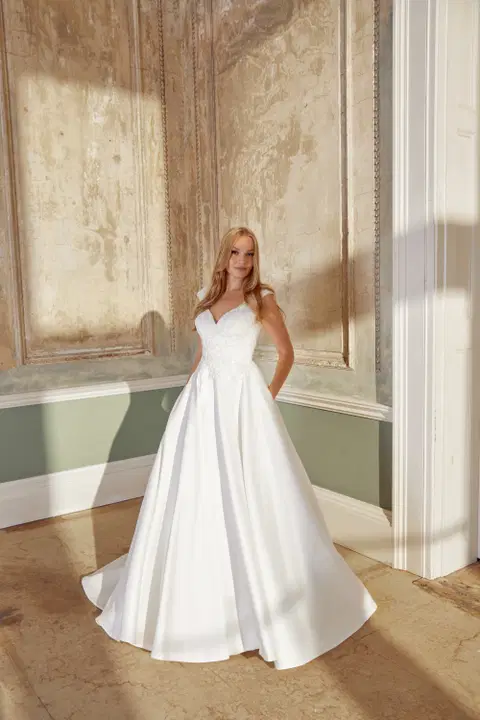 Style 44547 wedding dress by Sincerity Bridal, ball gown, mikado