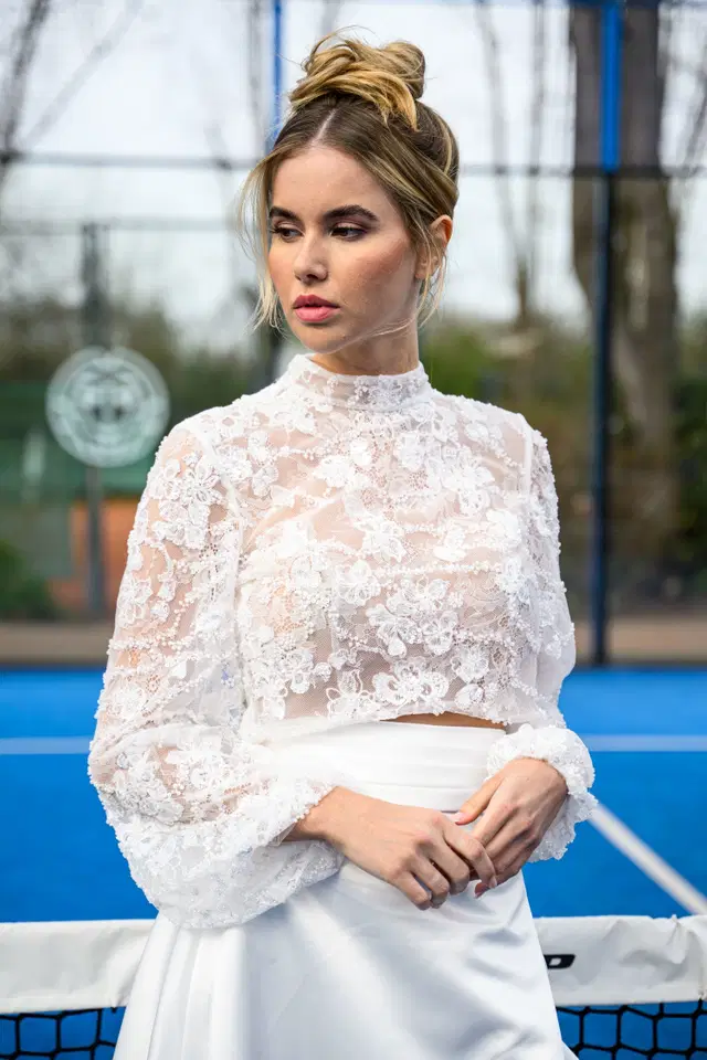 Erla Topper by Malee: Two-Piece silhouette, high / halter neckline, long sleeves, lace