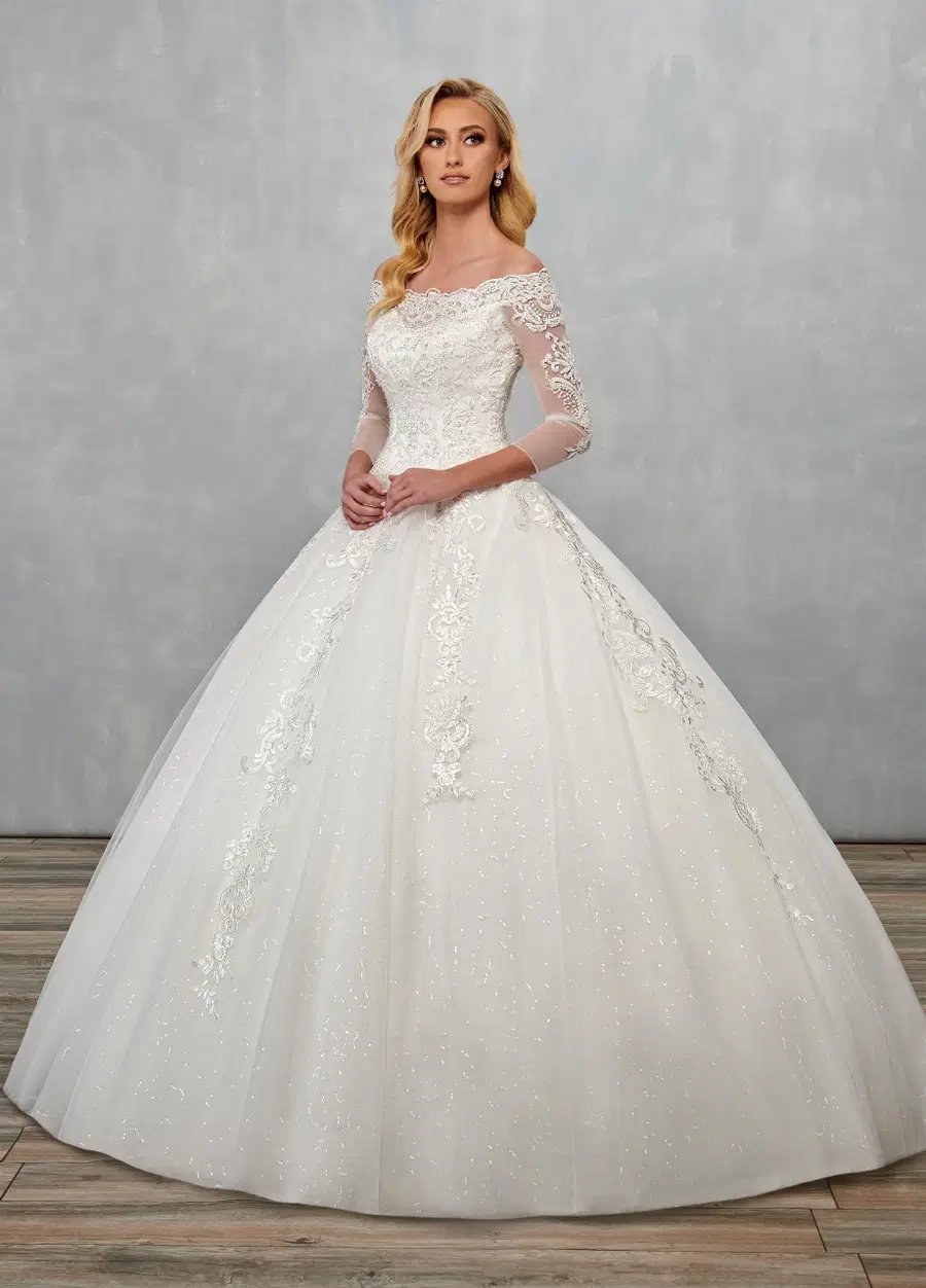 MB6072 by Rachel Allan: Ball Gown silhouette, off-shoulder neckline, three-quarter sleeves, tulle