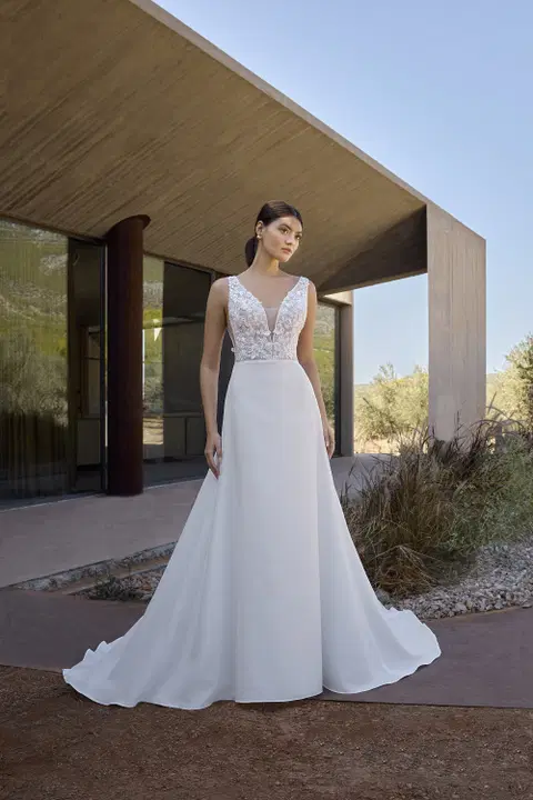 Style L1163 wedding dress by Demetrios, trumpet, crepe