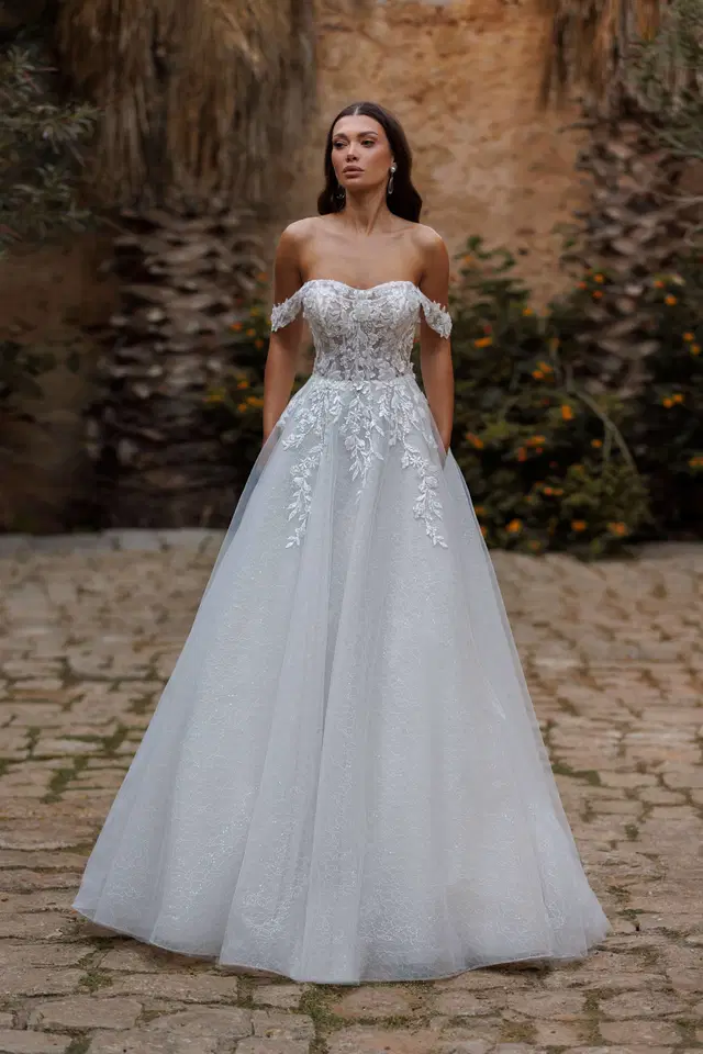 Hermosa by Jarice: A-Line silhouette, off-shoulder neckline, lace