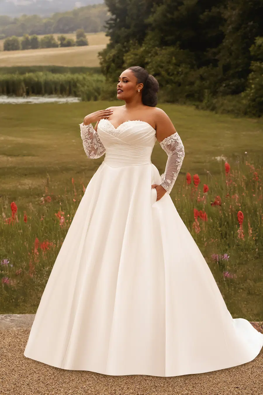 PH7033 by Envy by Phoenix: Ball Gown silhouette, sweetheart neckline, satin, chapel train