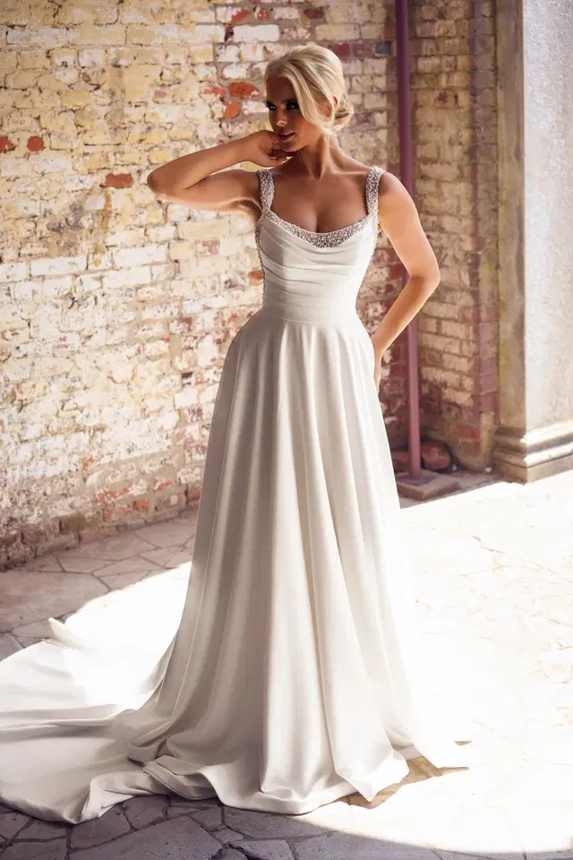 PH23123A by Phoenix Gowns: A-Line silhouette, scoop neckline, crepe, chapel train
