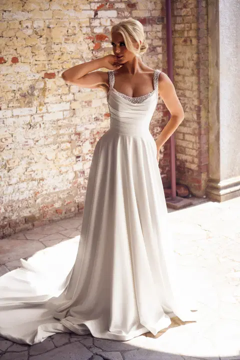 Style PH23123A wedding dress by Phoenix Gowns, A-line, crepe