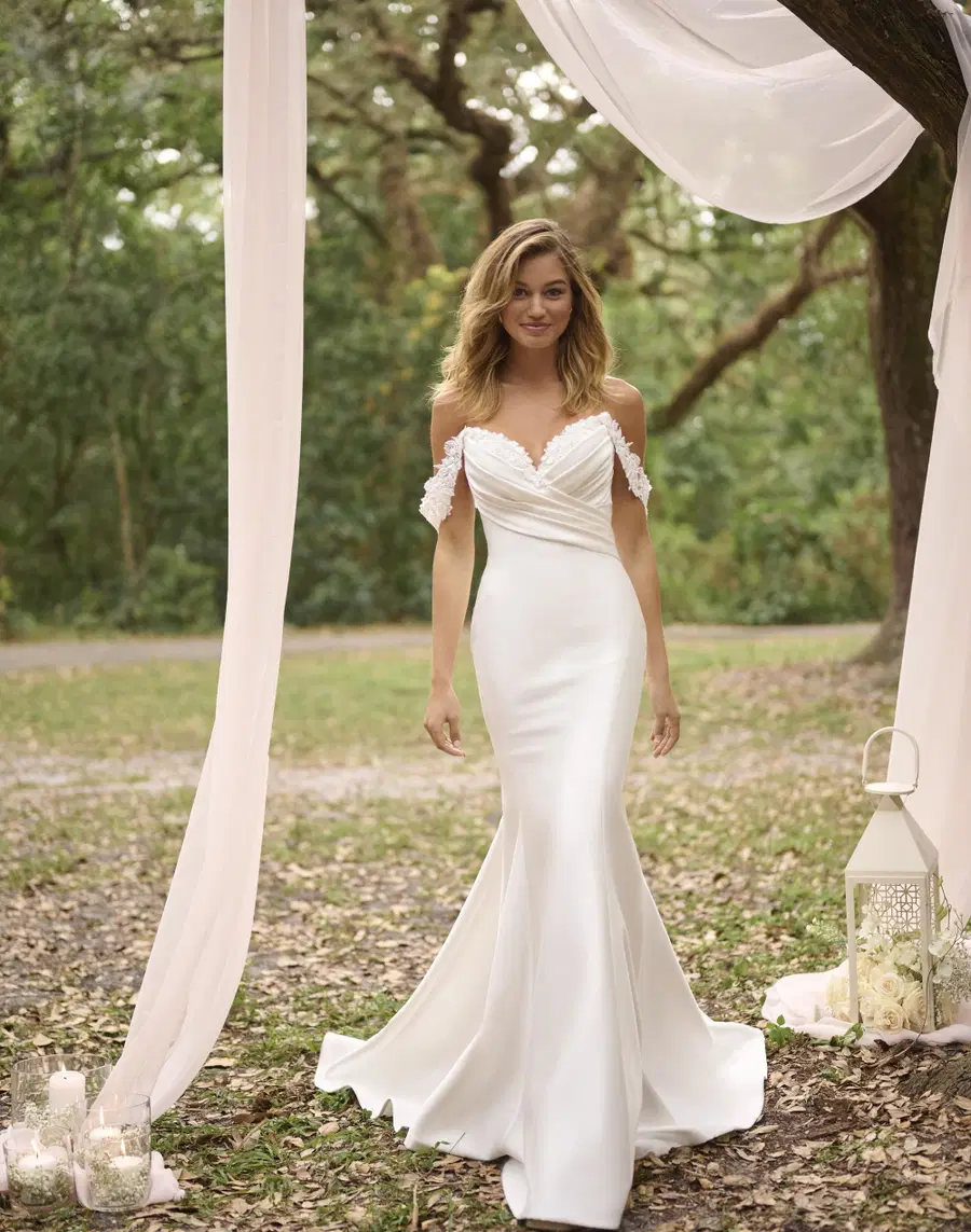 Cindy by Rebecca Ingram: Mermaid silhouette, V-neck neckline, sleeveless, lace