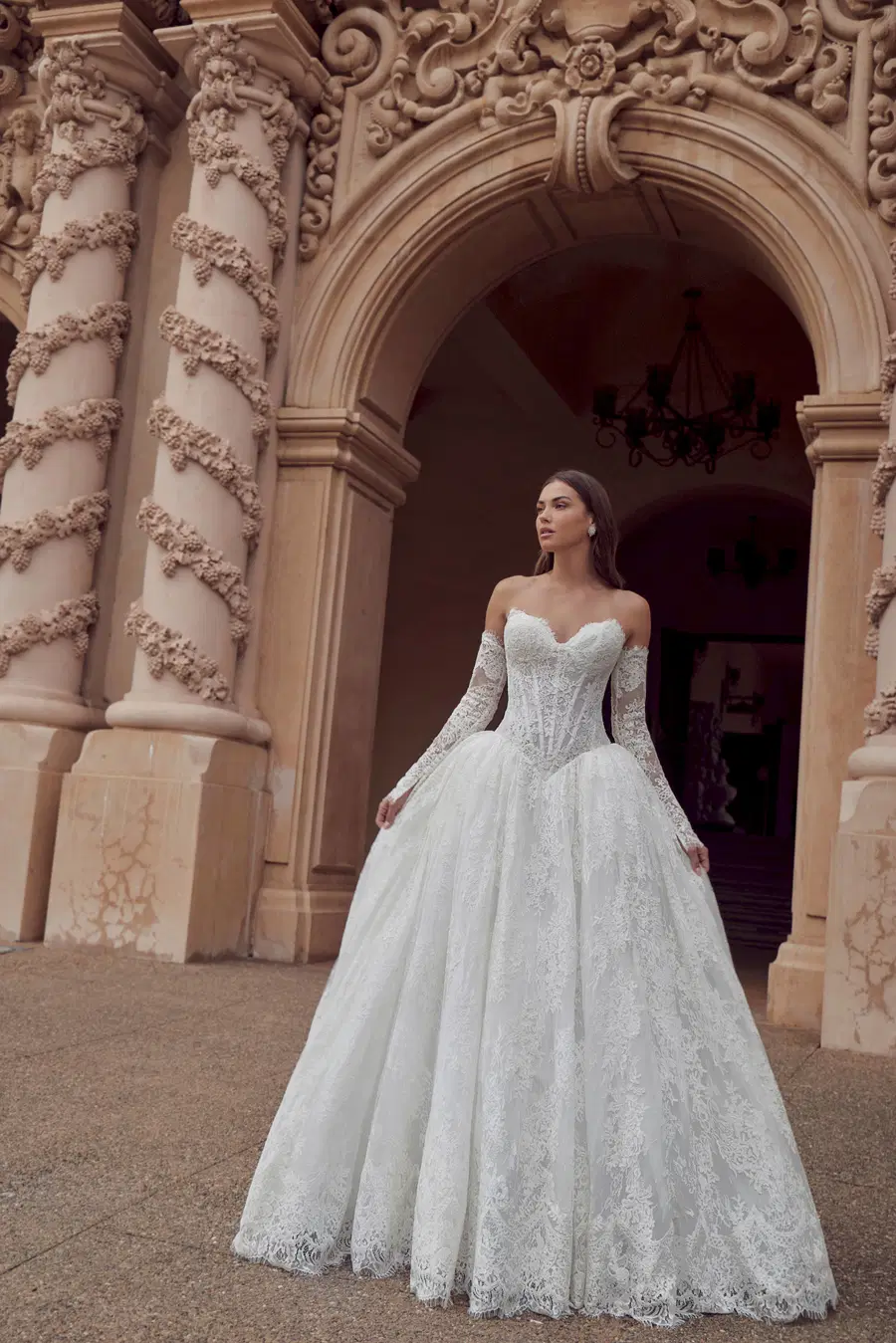 126264 Cosima by Calla Blanche: Ball Gown silhouette, sweetheart neckline, long sleeves, lace