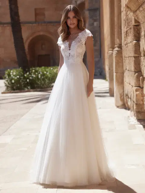 Sansa wedding dress by Bianco Evento, A-line, lace