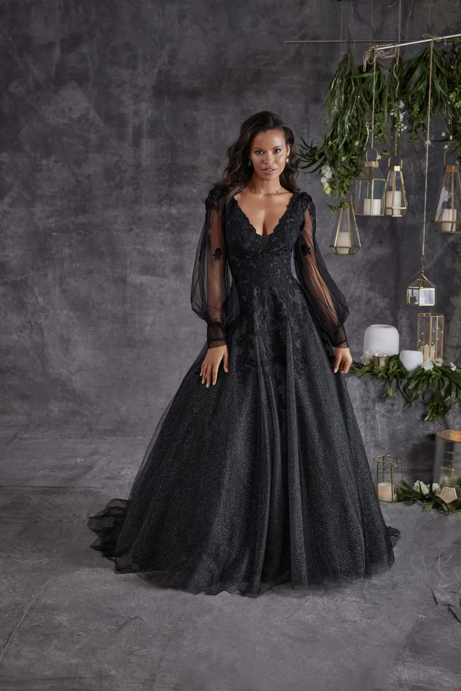 Alexandria by Rebecca Ingram: A-Line silhouette, deep V-neck neckline, bell sleeves, lace