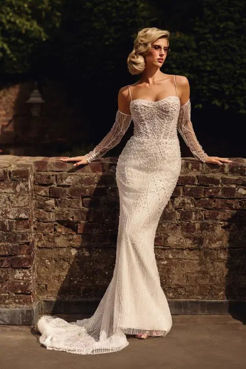 Style DC2136 wedding dress by Danielle Couture, fit & flare, straight