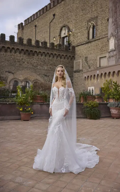 Aiko 63321 wedding dress by Veni Infantino, trumpet, lace