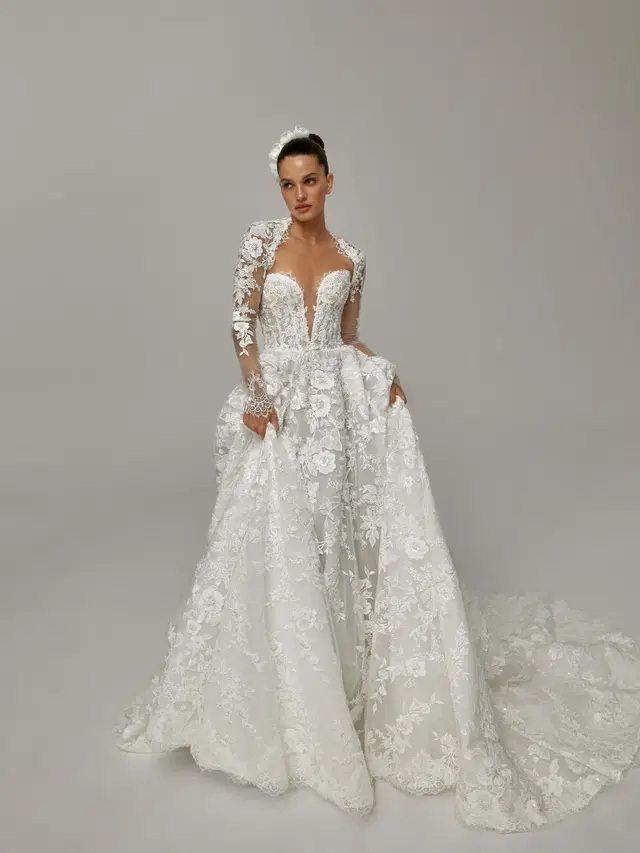 Lizett by Wona Concept: Ball Gown silhouette, deep V-neck neckline, long sleeves, lace