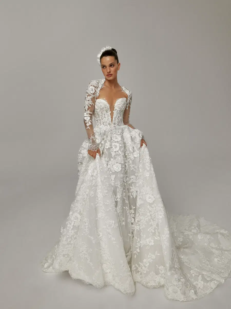 Lizett by Wona Concept: Ball Gown silhouette, deep V-neck neckline, long sleeves, lace
