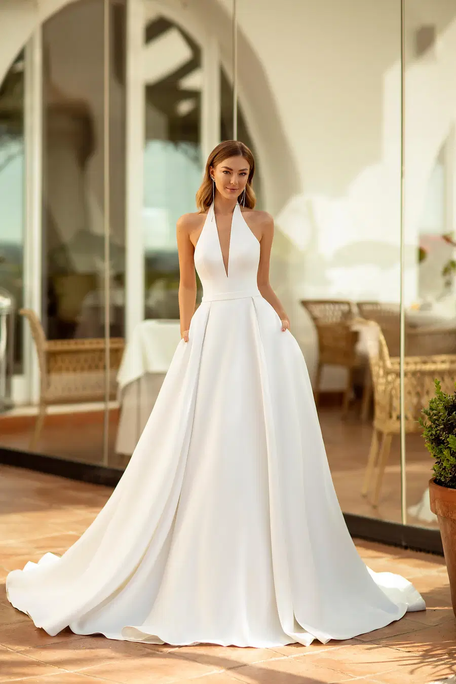8237 by Monica Loretti: A-Line silhouette, high / halter neckline, sleeveless, satin