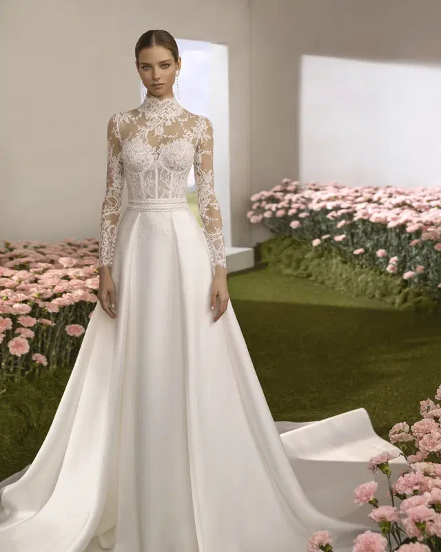 Reflejo by Rosa Clara: Straight silhouette, illusion neckline, long sleeves, lace