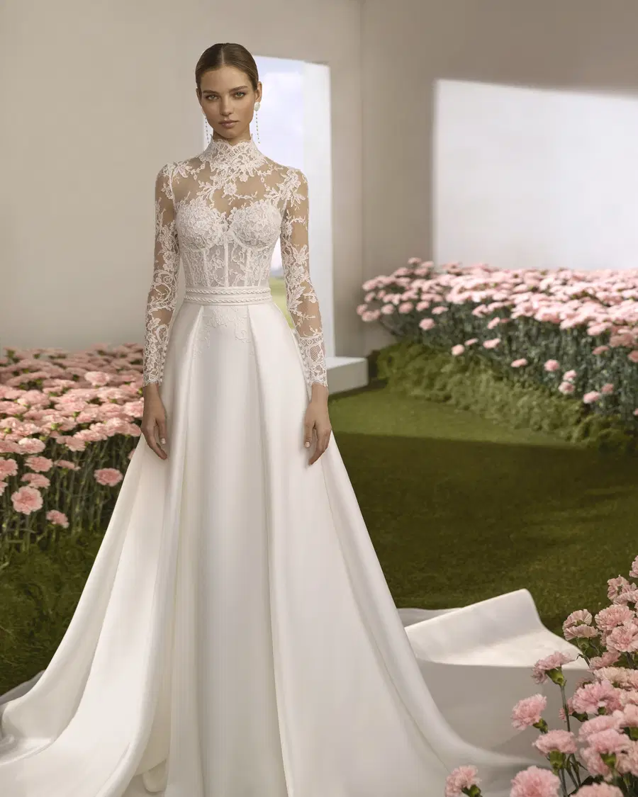 Reflejo by Rosa Clara: Straight silhouette, illusion neckline, long sleeves, lace