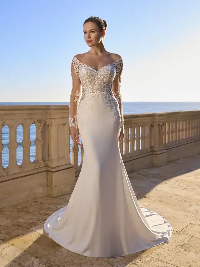 BETTANY by Ladybird: Mermaid silhouette, off-shoulder neckline, long sleeves, lace
