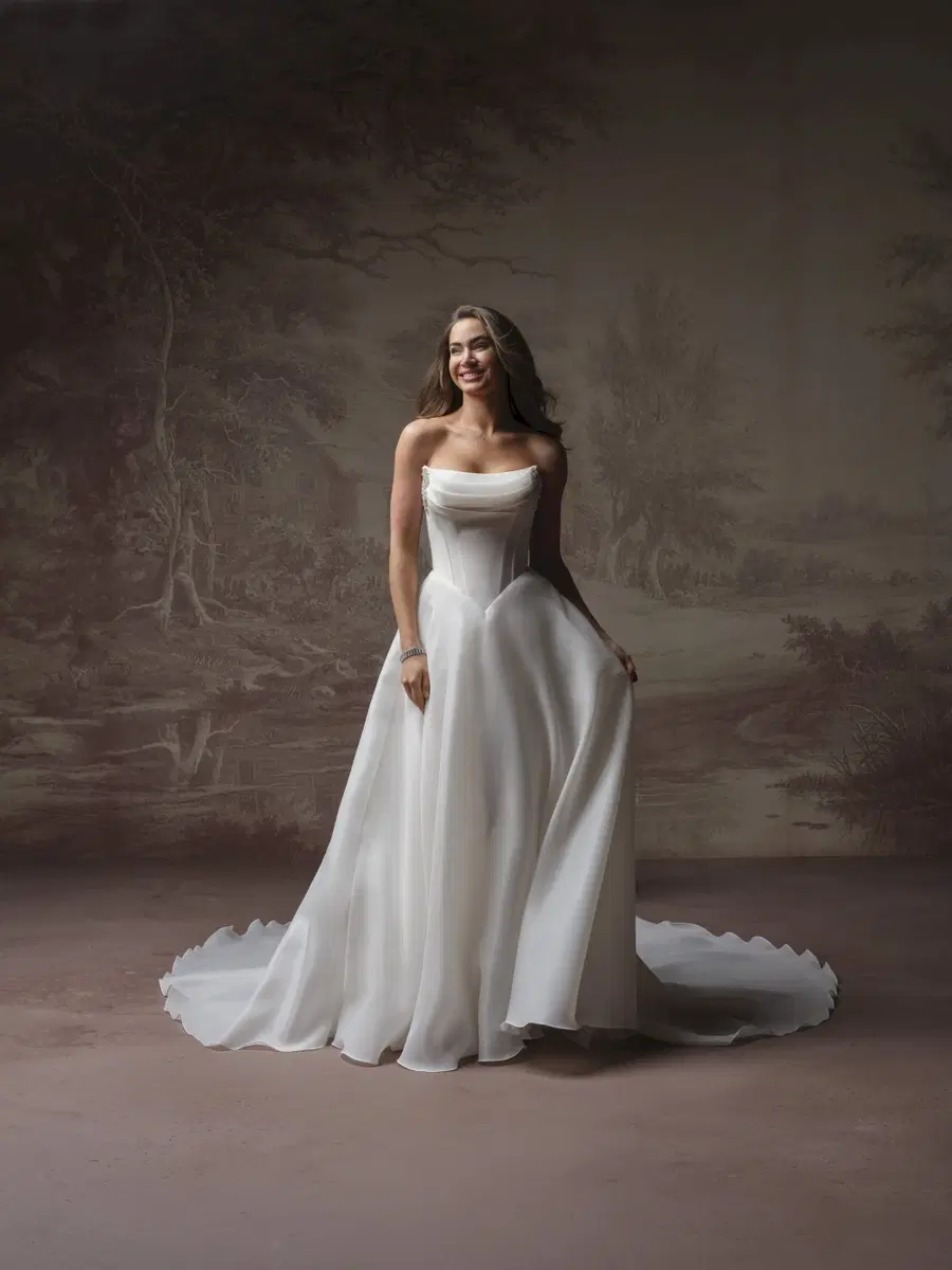 ABILENE by Maggie Sottero: A-Line silhouette, cat eye neckline, cap sleeves, organza