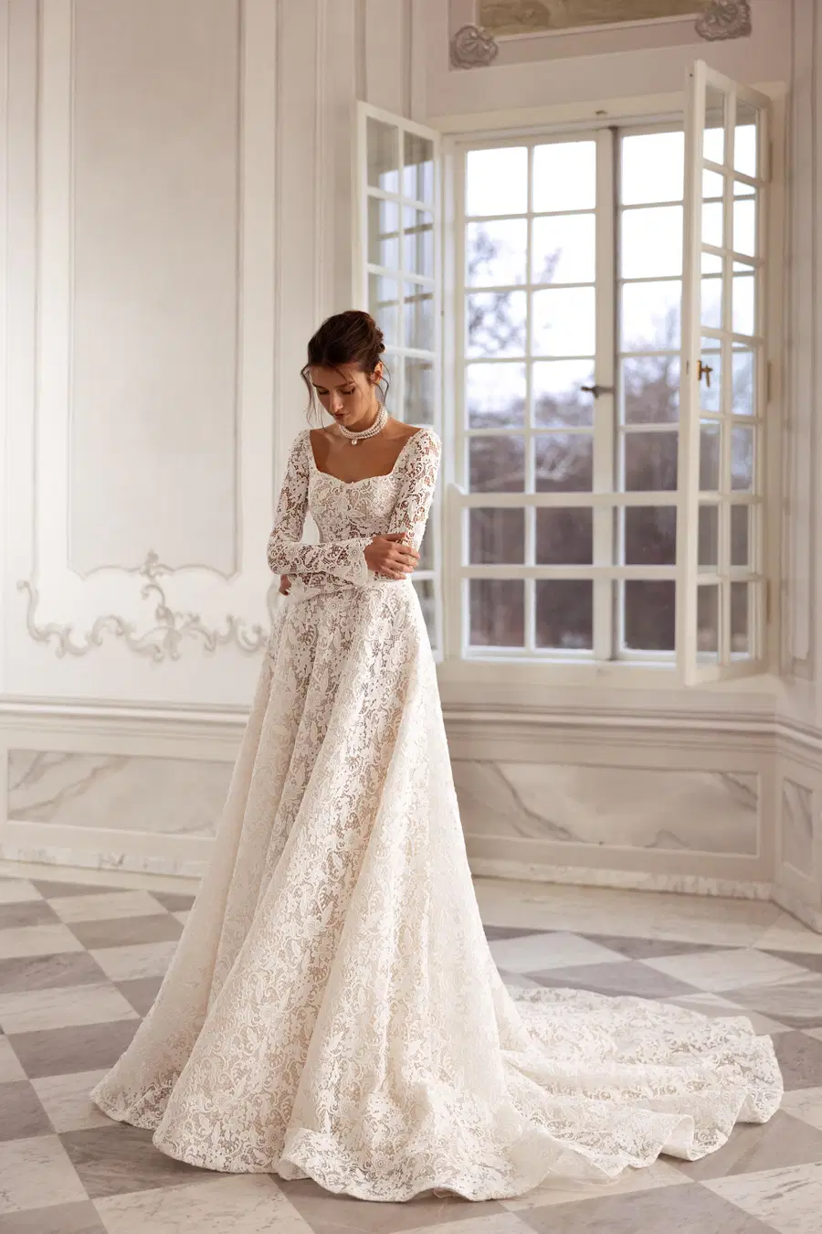 Esther by Tina Valerdi: A-Line silhouette, square neckline, long sleeves, lace