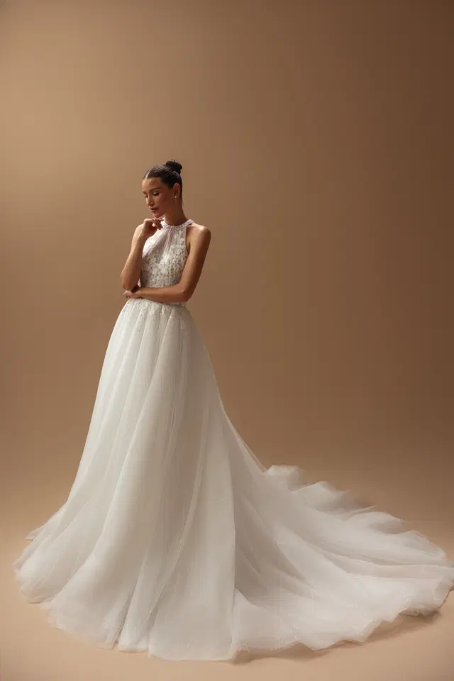 Miller by Ella Novia: Ball Gown silhouette, high / halter neckline, sleeveless, tulle