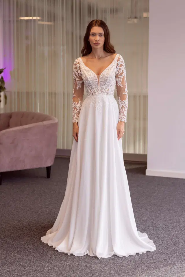 Hendrix by Jarice: A-Line silhouette, V-neck neckline, long sleeves, chiffon