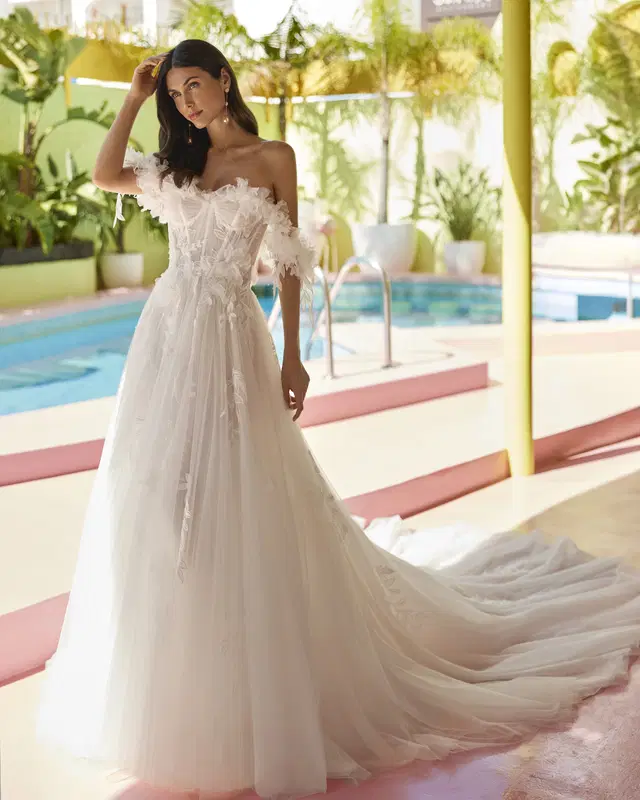 Jodie by Luna Novias: A-Line silhouette, off-shoulder neckline, sleeveless, tulle