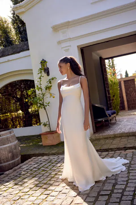 Style 66416 wedding dress by Lillian West, fit & flare, crepe