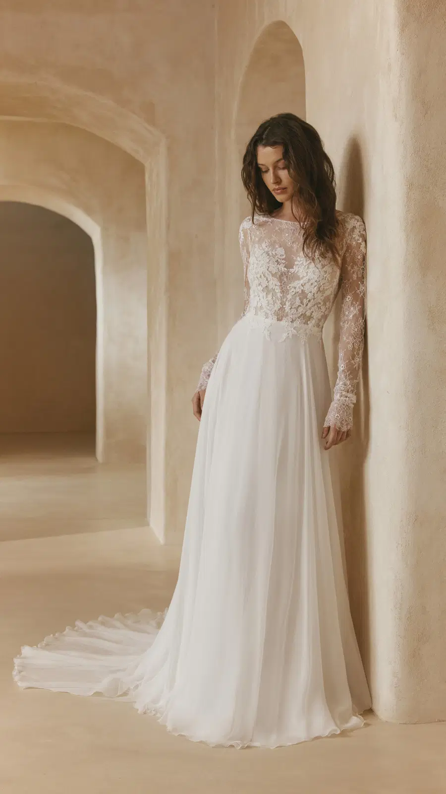 Brisa by Anna Kara: A-Line silhouette, boat neck neckline, long sleeves, chiffon