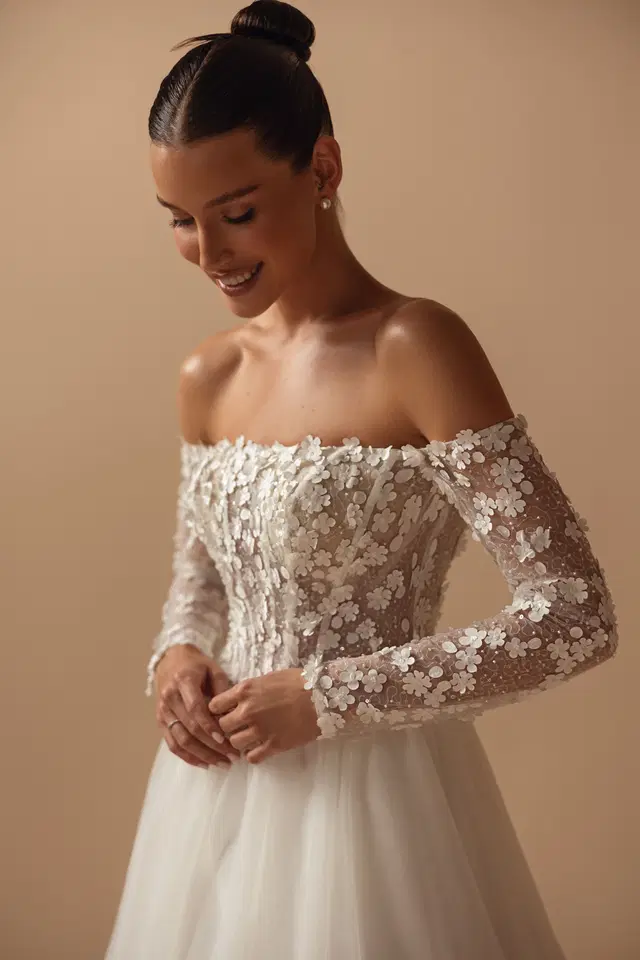 Inaya by Ella Novia: Ball Gown silhouette, off-shoulder neckline, long sleeves, tulle