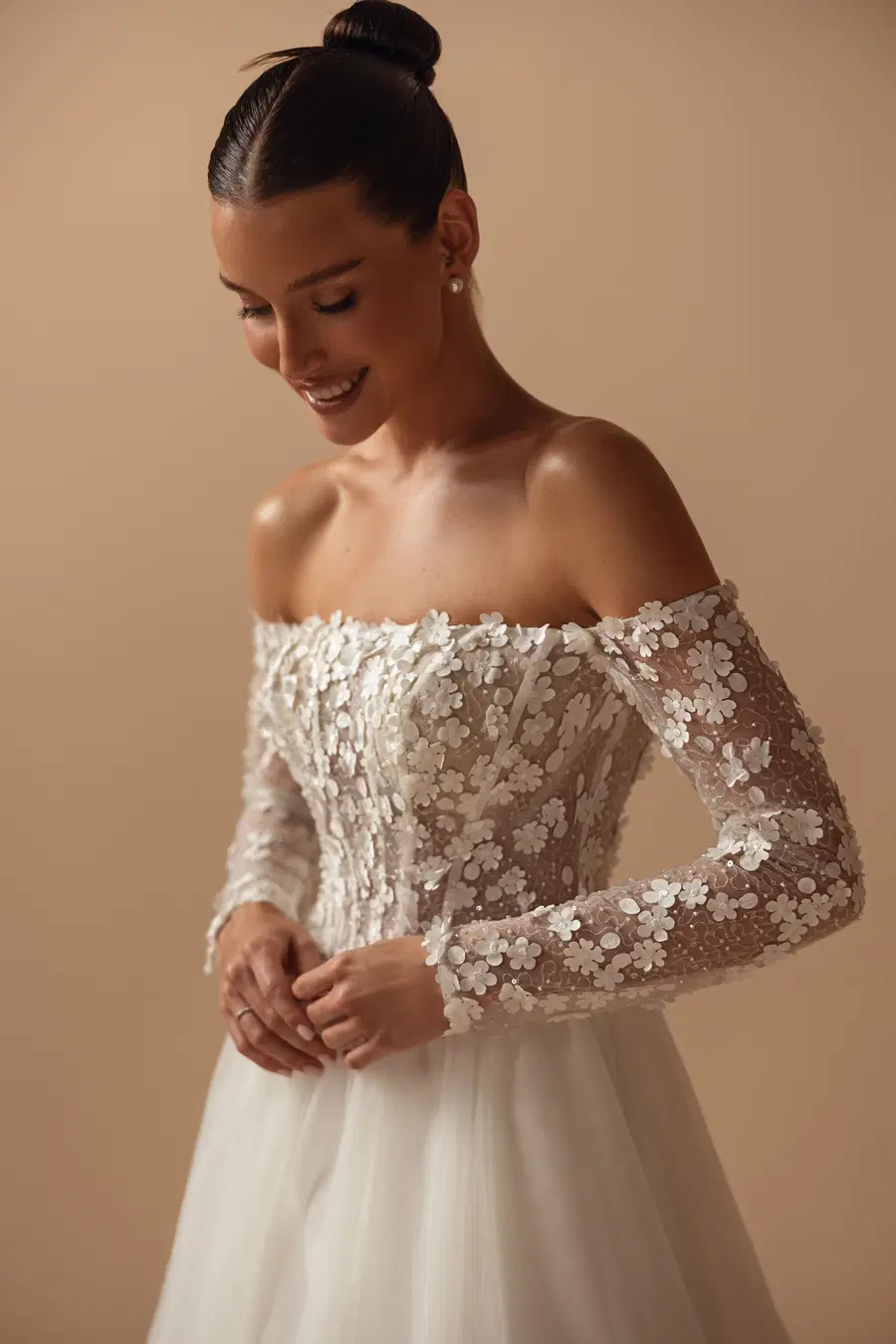 Inaya by Ella Novia: Ball Gown silhouette, off-shoulder neckline, long sleeves, tulle