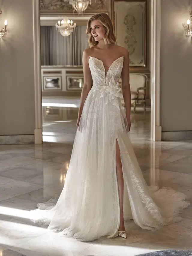 FENELIA by Pronovias Privée: A-Line silhouette, sweetheart neckline, sleeveless, tulle