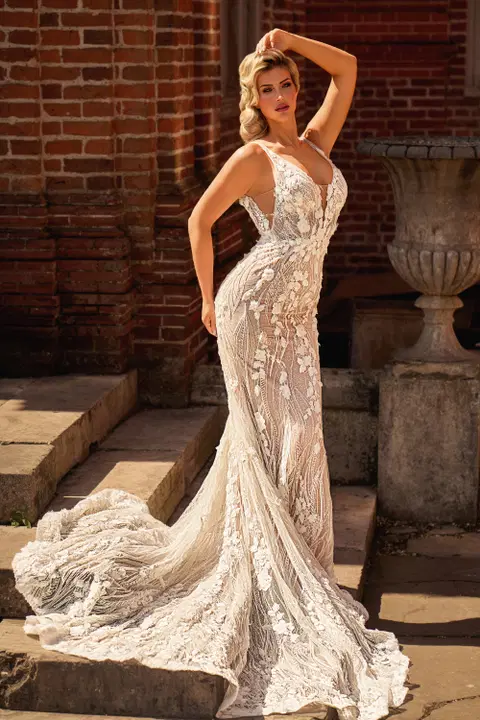 Style DC017B wedding dress by Danielle Couture, fit & flare, lace