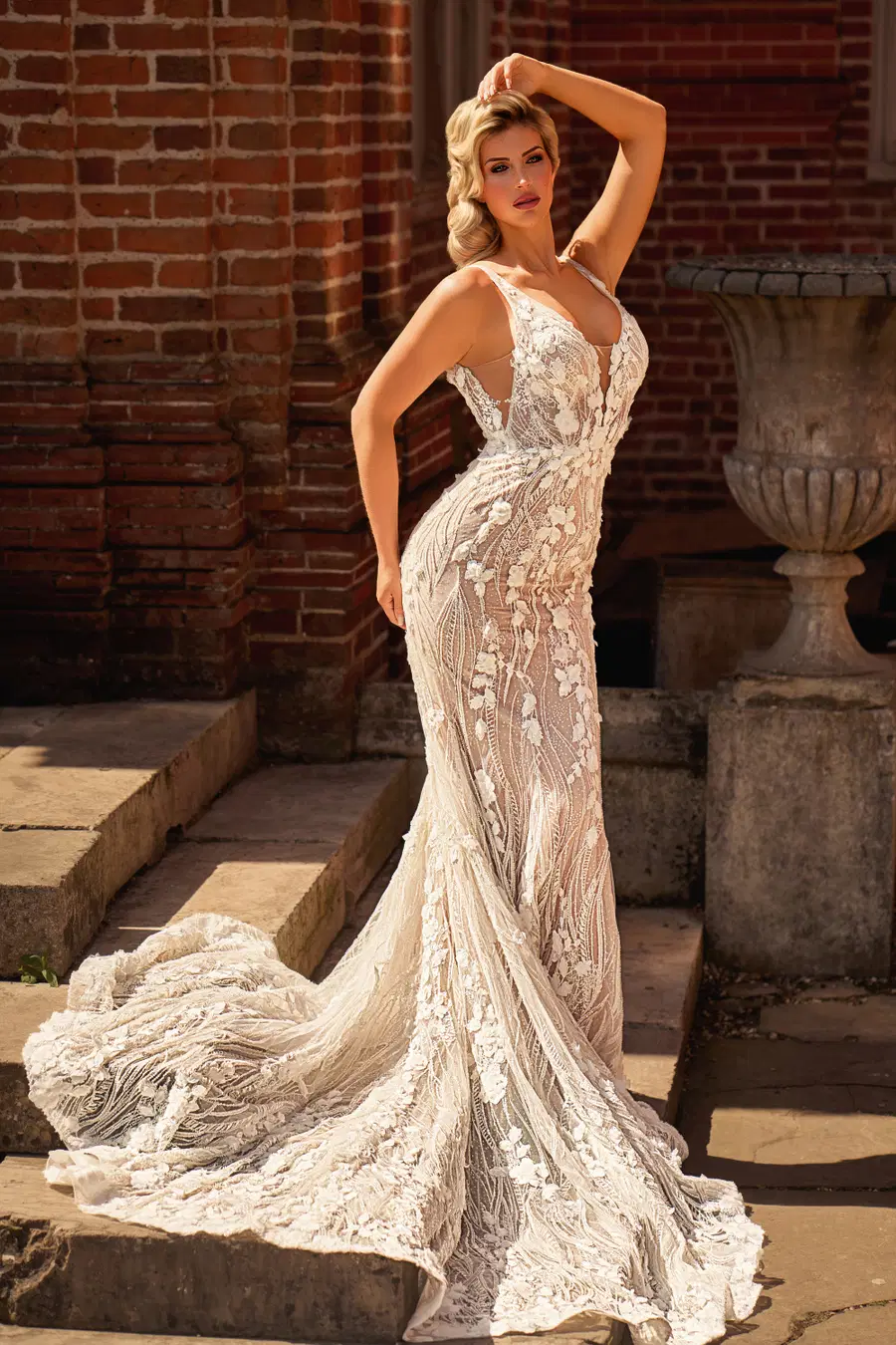 DC017B by Danielle Couture: Fit & Flare silhouette, V-neck neckline, lace, chapel train