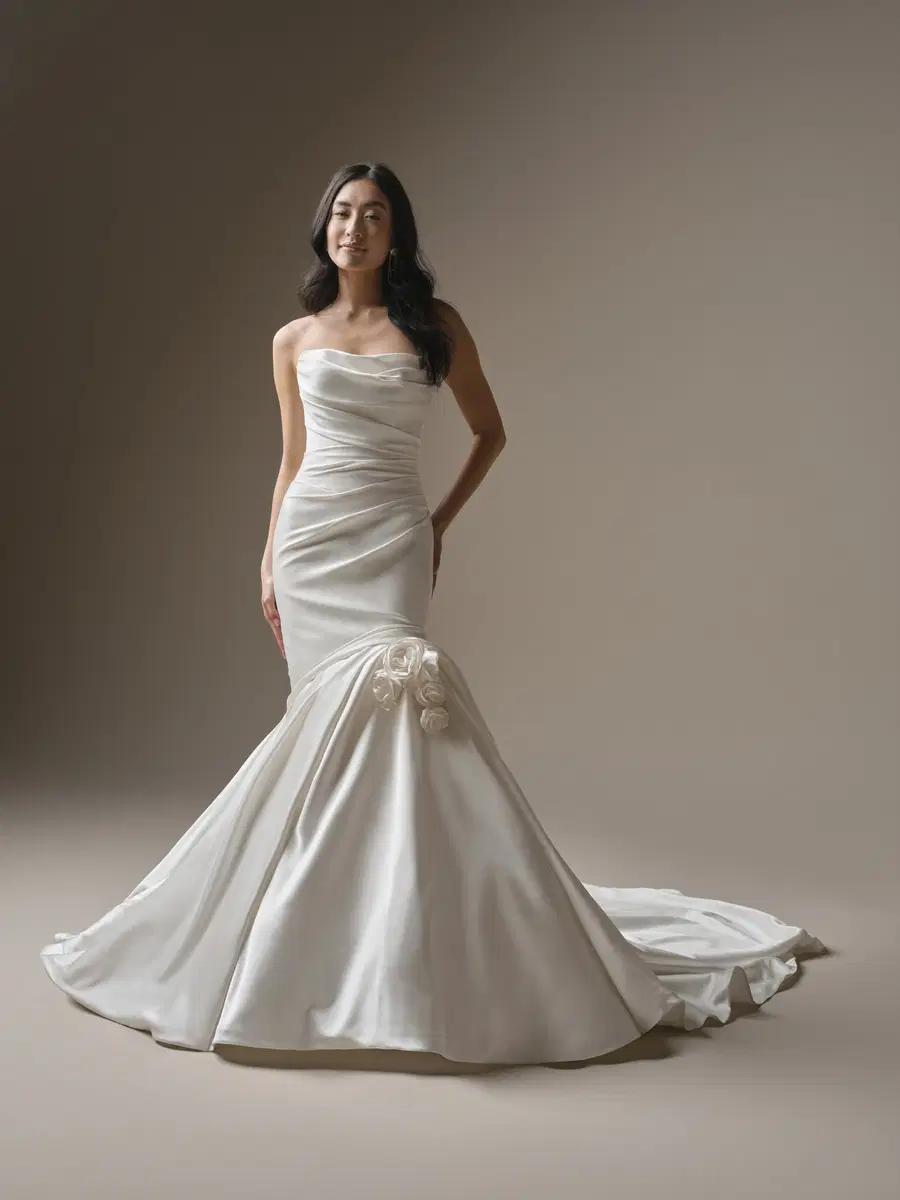 Emelina by Maggie Sottero: Fit & Flare silhouette, satin