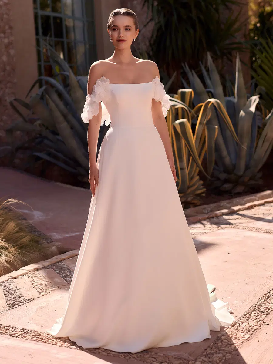 BETSI by Bianco Evento: A-Line silhouette, off-shoulder neckline, sleeveless, tulle
