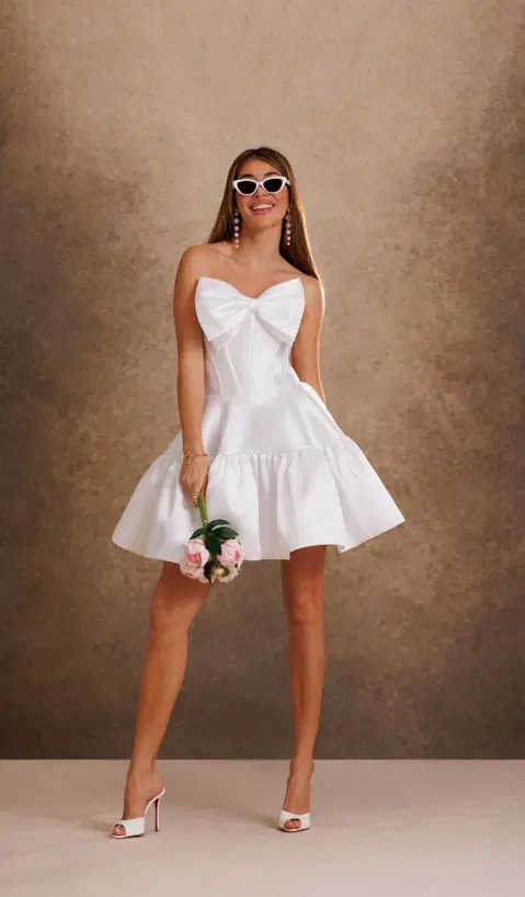 Style RB1025 wedding dress by Rachel Allan, short, satin