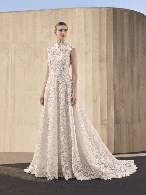 Valles wedding dress by Pronovias, A-line, lace